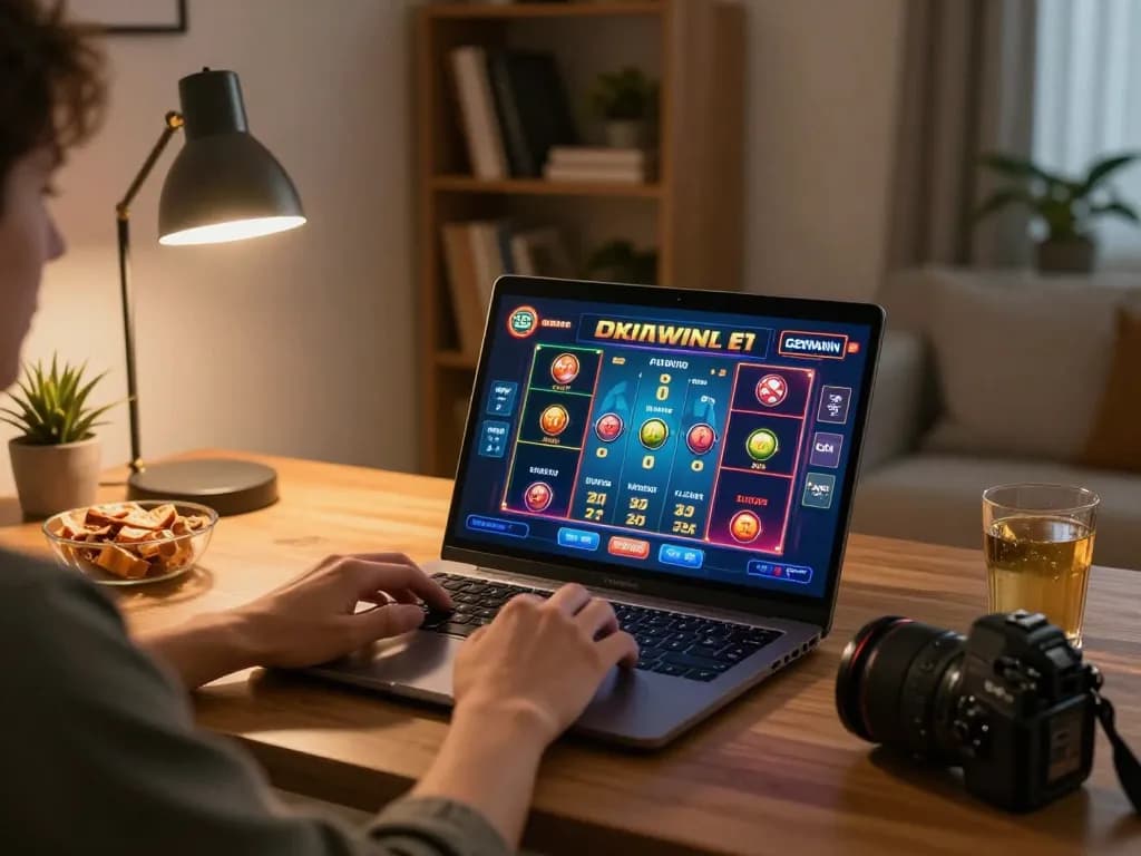 Player engaging with GEMWIN online casino on laptop, showcasing vibrant table games in a warm home setting.