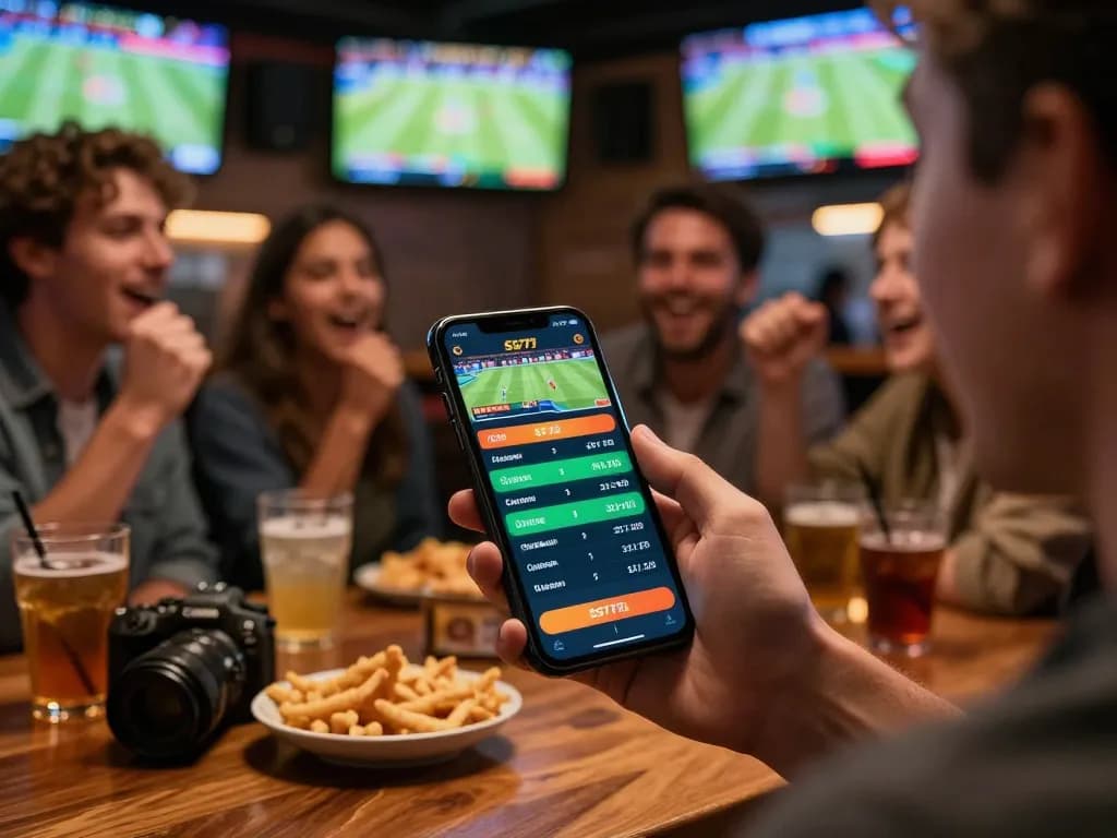 Placing bets on SG777 mobile app in lively sports bar during event.