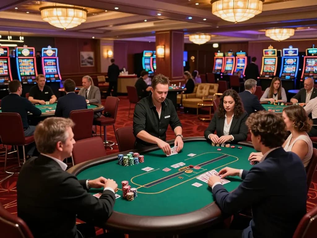 Engage with denne guide til spil casino uden om rofus on a lively casino floor with active poker tables.