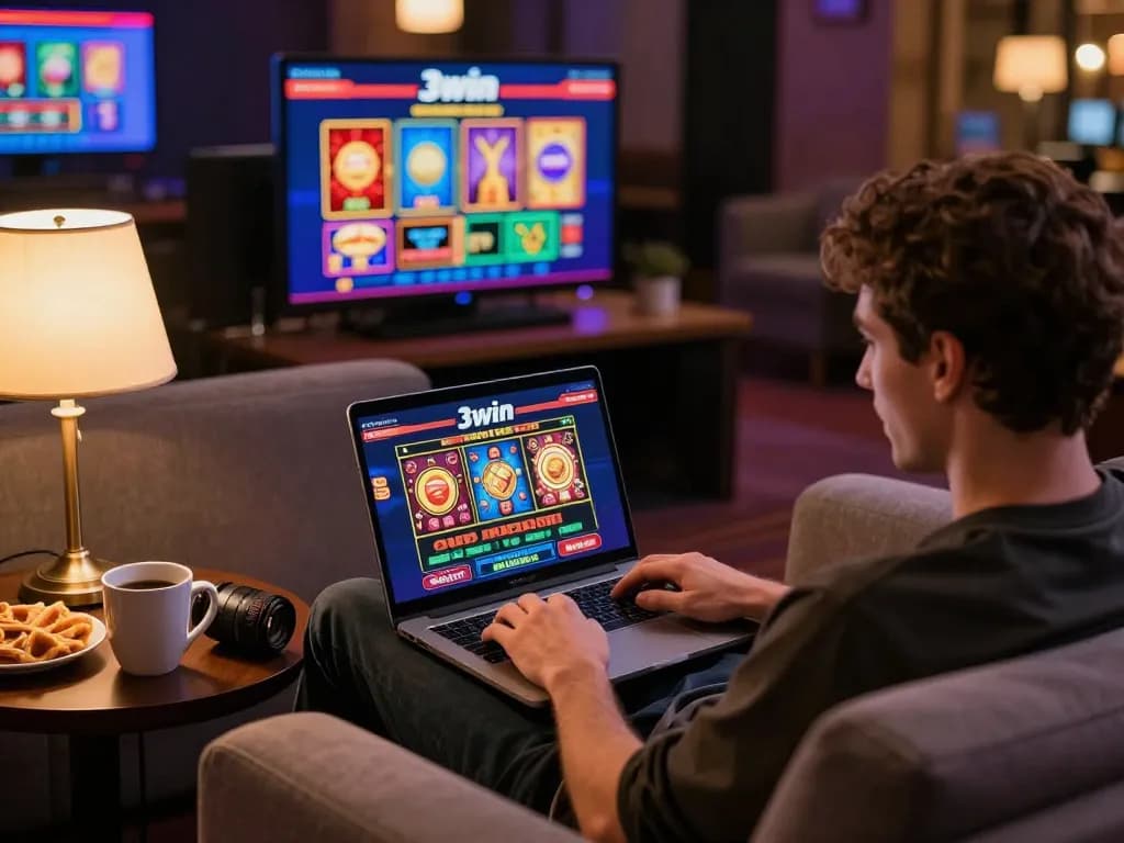 Player enjoying online gaming experience at 3win on a laptop in cozy living room.