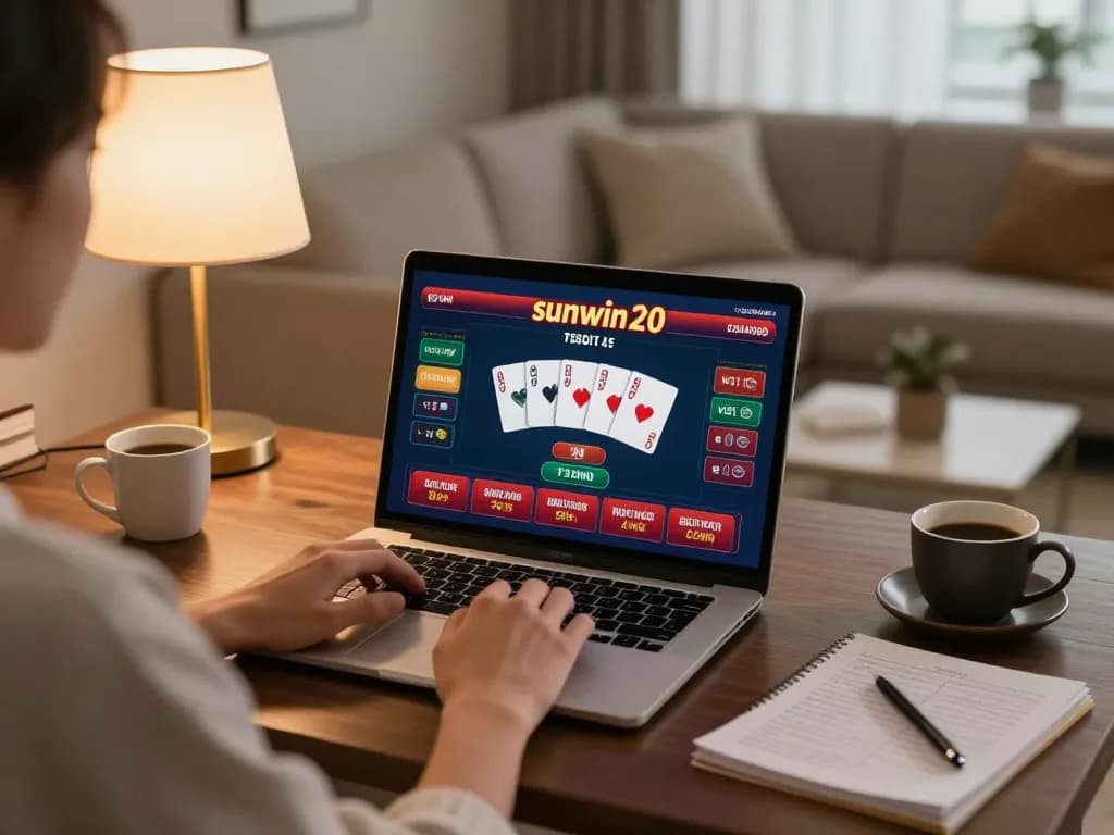Person playing poker on sunwin20 interface while relaxing at home with strategic notes.