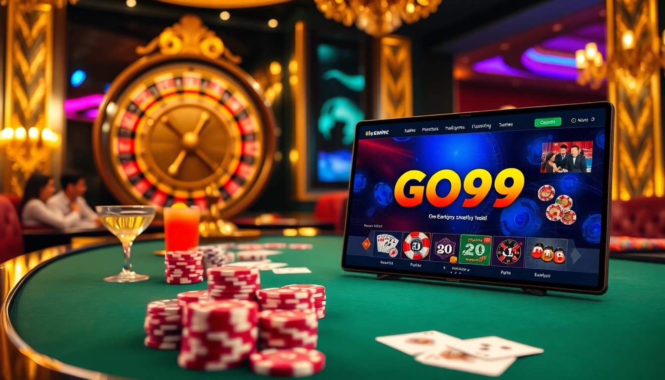 Experience excitement at GO99 with vibrant poker games and roulette in a luxurious casino setting.