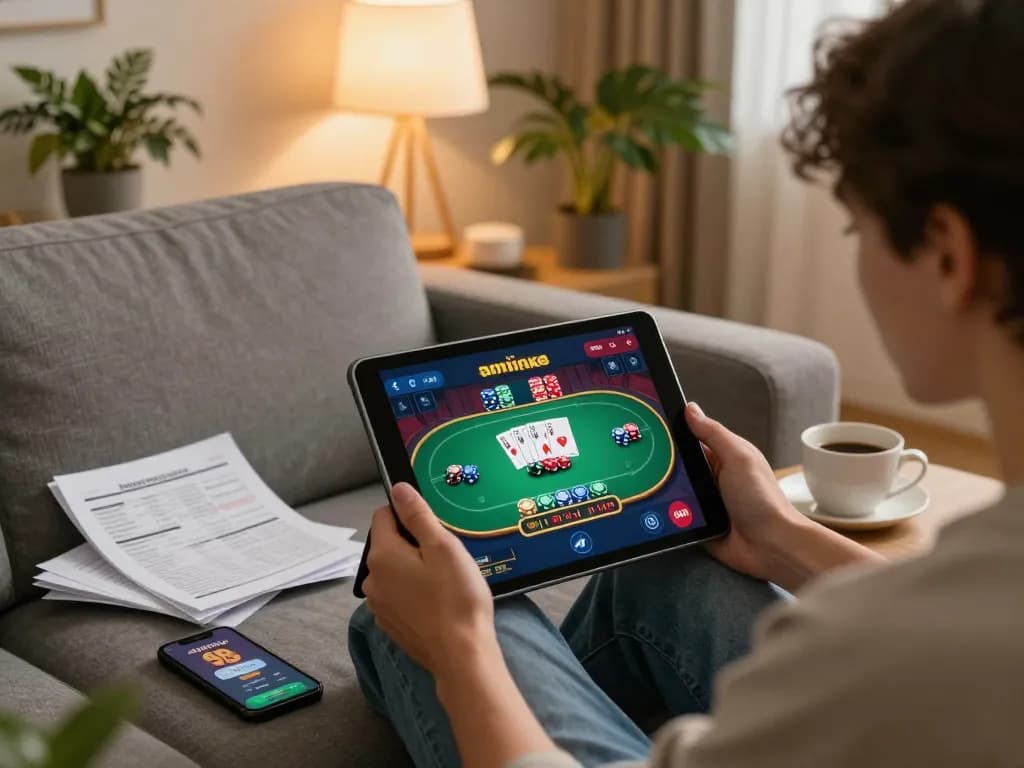 Engaged player enjoying the 98 win app in a cozy home setting, showcasing online casino gameplay.