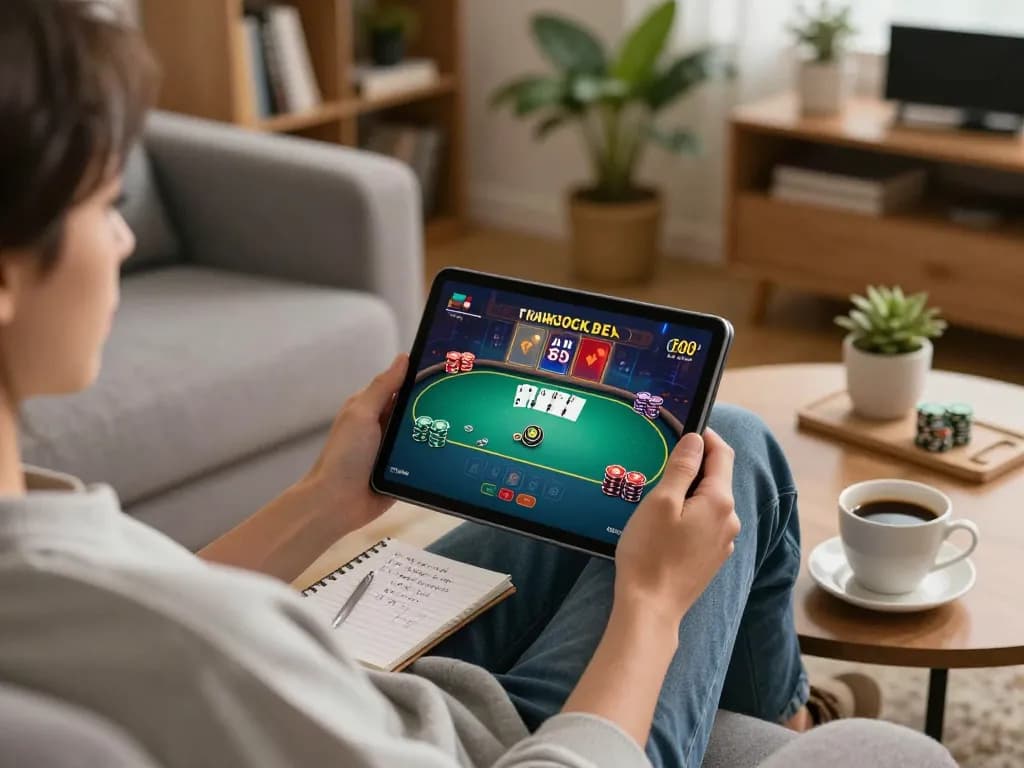 Player enjoying a poker game on a tablet from say88 in a cozy home setting.