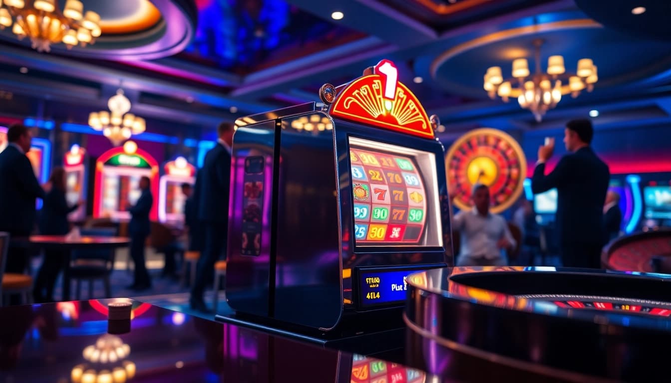 Players winning at a slot machine in a luxurious casino setting surrounded by colorful lights.