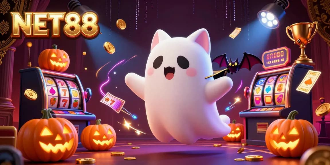 Engage with NET88 in a vibrant scene, featuring a ghost cat and casino elements for thrilling gameplay.
