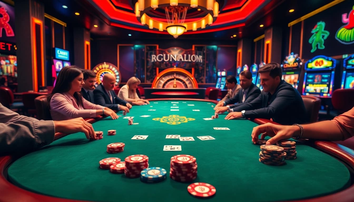 Players engaged in a high-stakes game at 3Dbet's vibrant casino table, surrounded by colorful chips and an exciting atmosphere.