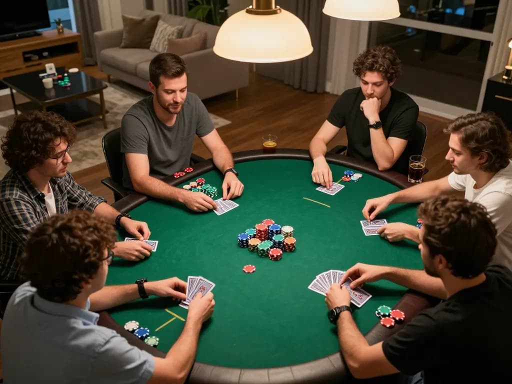 TT88 players enjoying a lively poker game with colorful chips and cards in hand at home