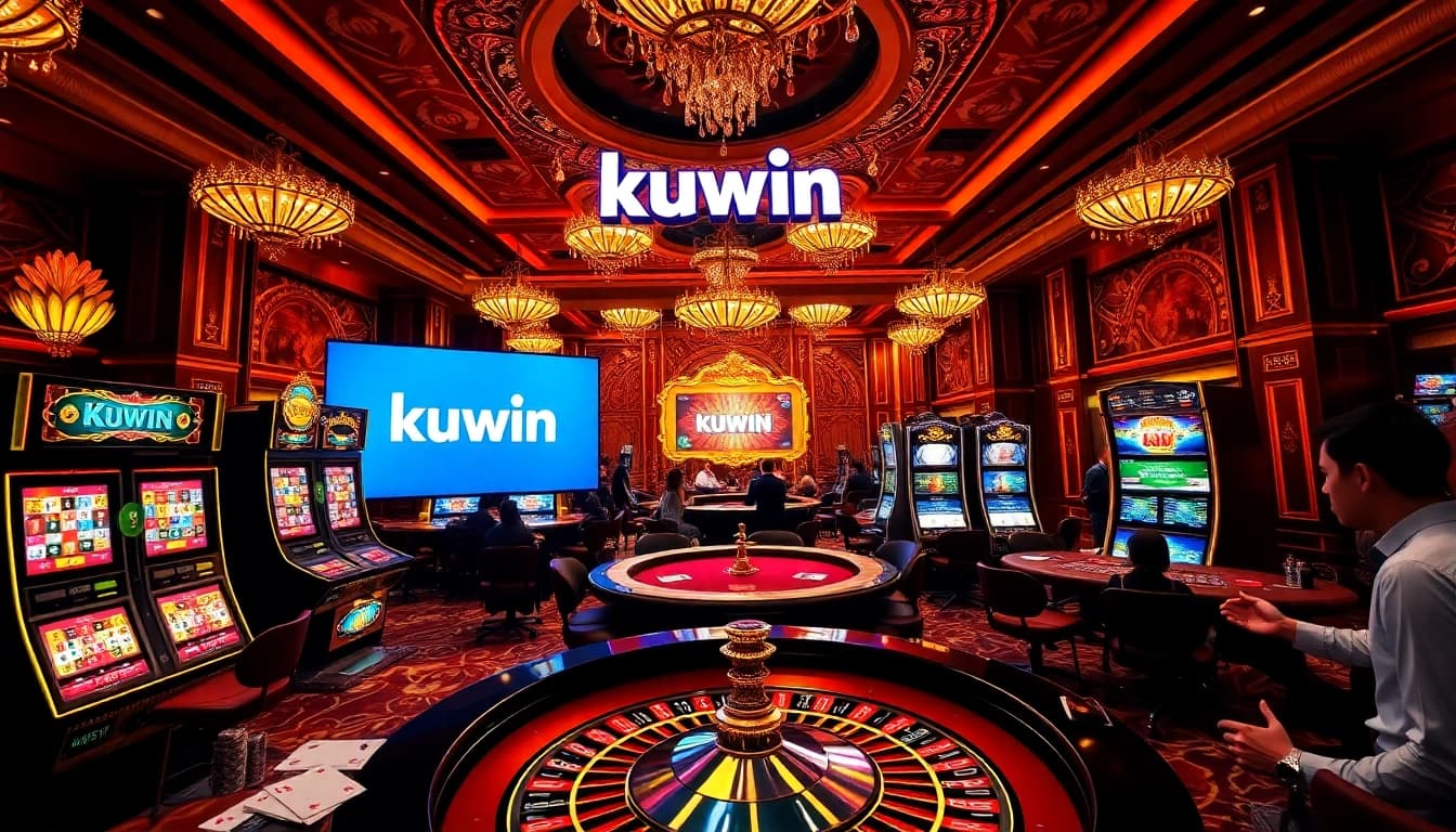 Kuwin's luxurious casino environment featuring vibrant slot machines, roulette table, and excited players.