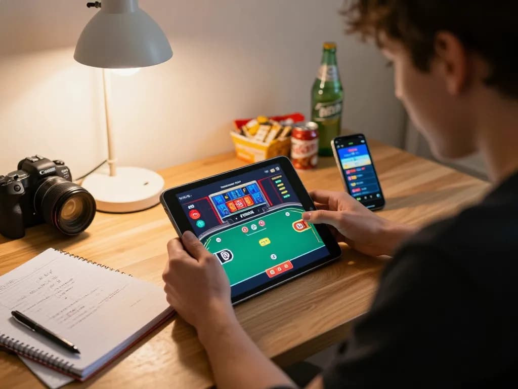 Playing poker on a tablet with strategy notes around, showcasing MB66 online gaming atmosphere.