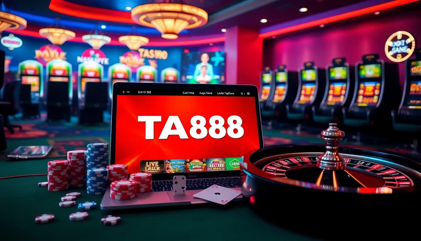Engaging scene depicting TA88 app's vibrant online gambling interface with poker chips and roulette wheel.