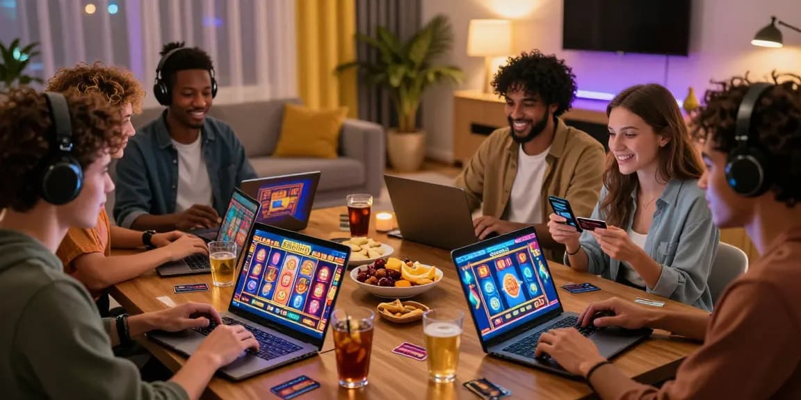 Exciting online gaming atmosphere depicting friends enjoying credit card casinos with laptops and snacks.