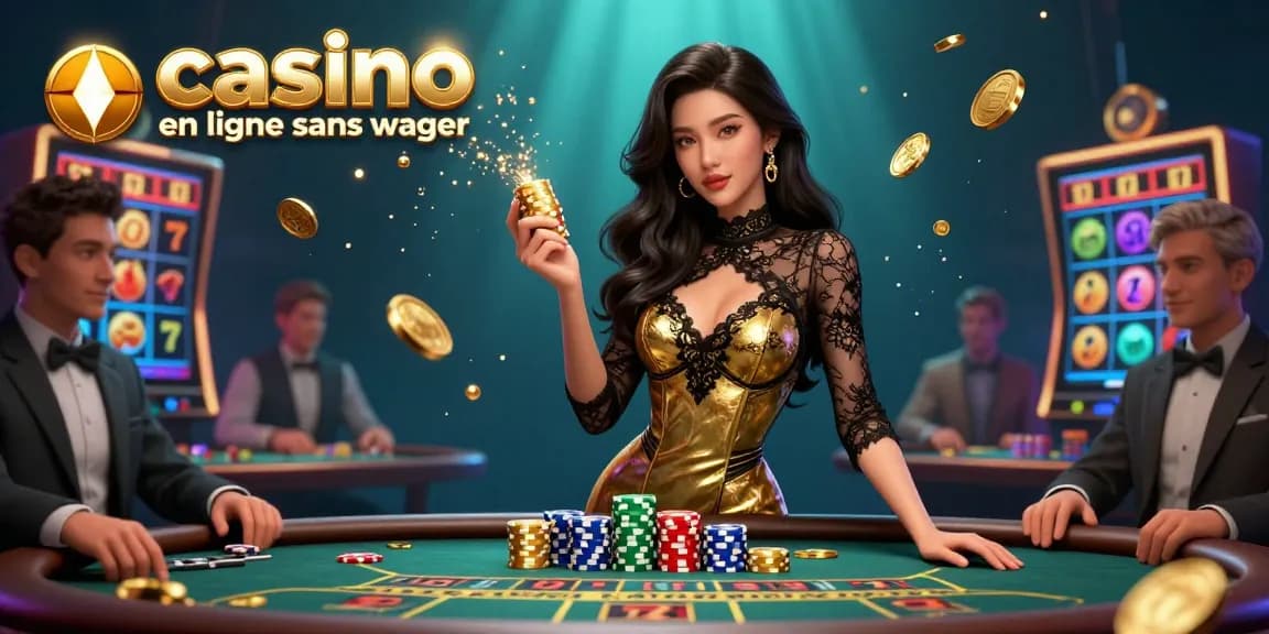 Vivez l'excitation dans un casino en ligne sans wager, mettant en avant un joueur confiant à une table de baccarat VIP avec des jetons brillants.