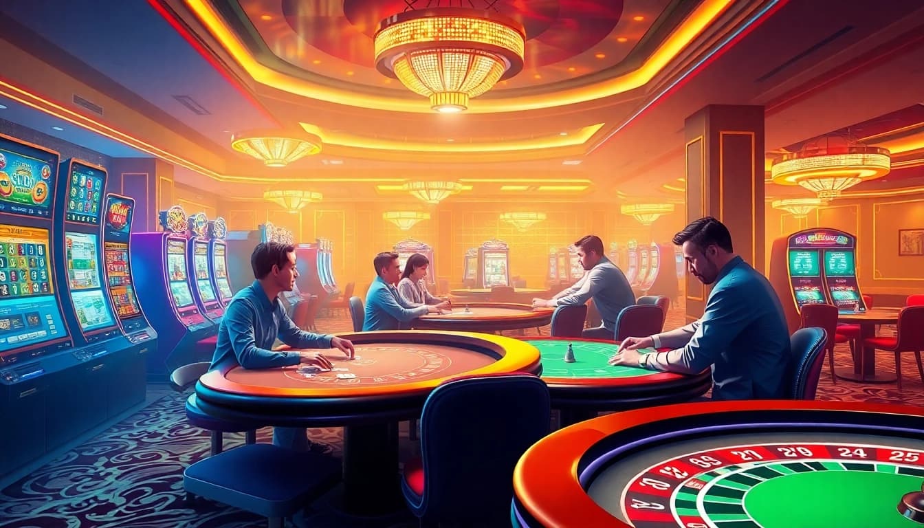 SODO CASINO offers an exciting gaming atmosphere with players at poker tables and vibrant slot machines.