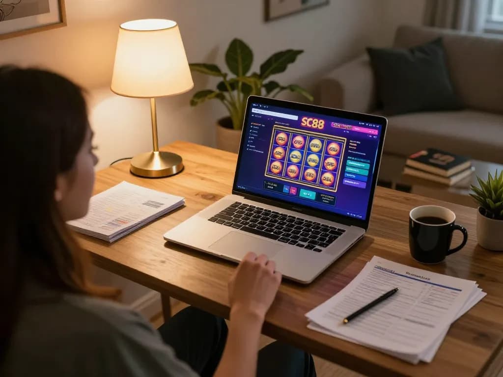 Player enjoying online sc88 gaming on laptop with strategy notes and warm ambiance