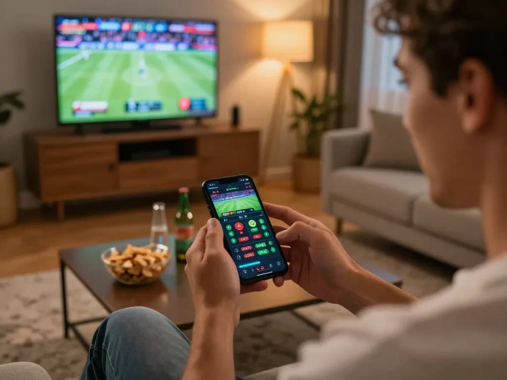 Engaging scene of a person using shbet app for mobile sports betting in a cozy living room setting.