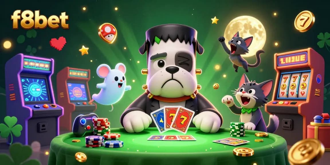 f8bet excels in a lively casino scene with a Frankenstein bulldog dealer, vibrant game elements, and whimsical characters.