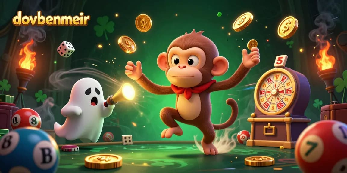 dovbenmeir presents a dynamic lottery scene with a poltergeist monkey and a ghost-hunter puppy amidst vibrant 3D elements.