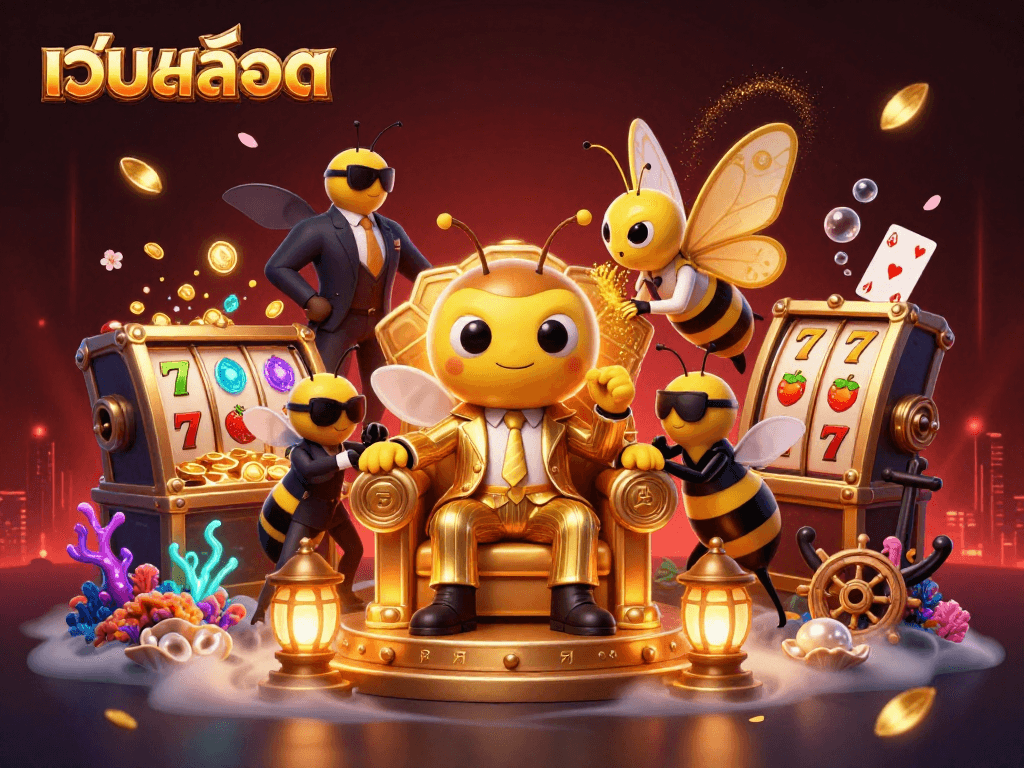 Experience excitement with เว็บสล็อต as characters celebrate casino wins surrounded by vibrant gaming elements.
