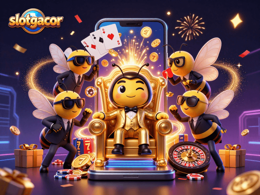Win big with slotgacor in an exciting 3D casino scene featuring bumblebees and colorful game elements.