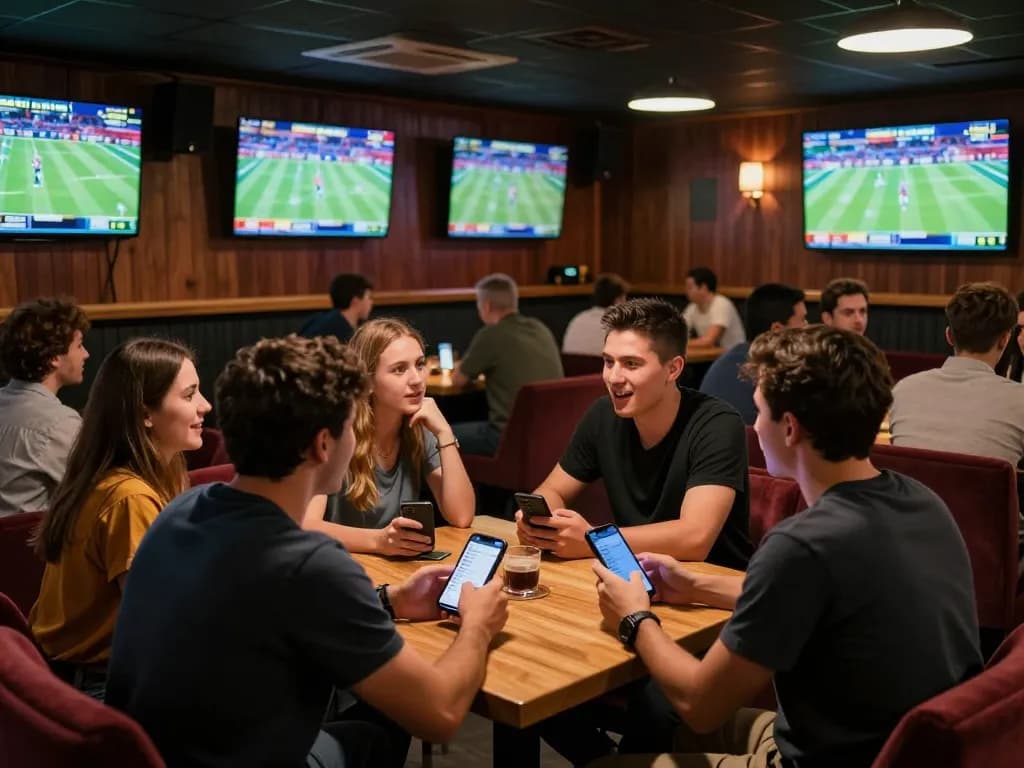 Sports betting excitement at Bsport with friends placing bets together amid vibrant atmosphere.