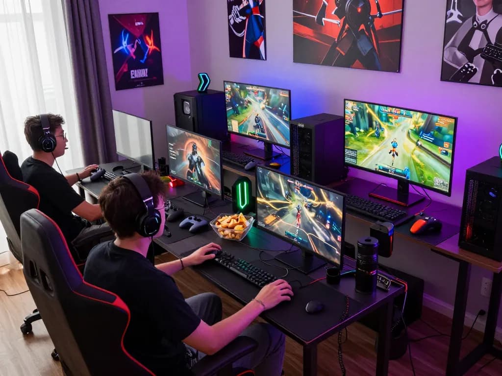 Engaged gamers in a vibrant gaming setup enjoying foya888 online experiences.