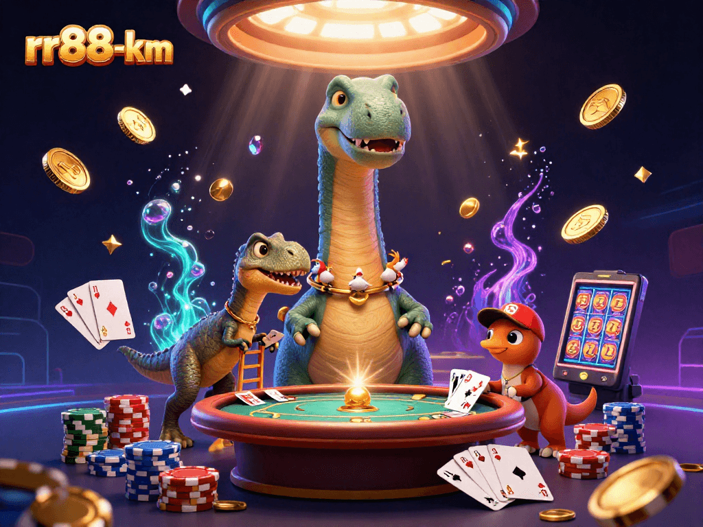 Watch the 3D brontosaurus host a lively poker game with the clever raptor dealer at rr88-km.