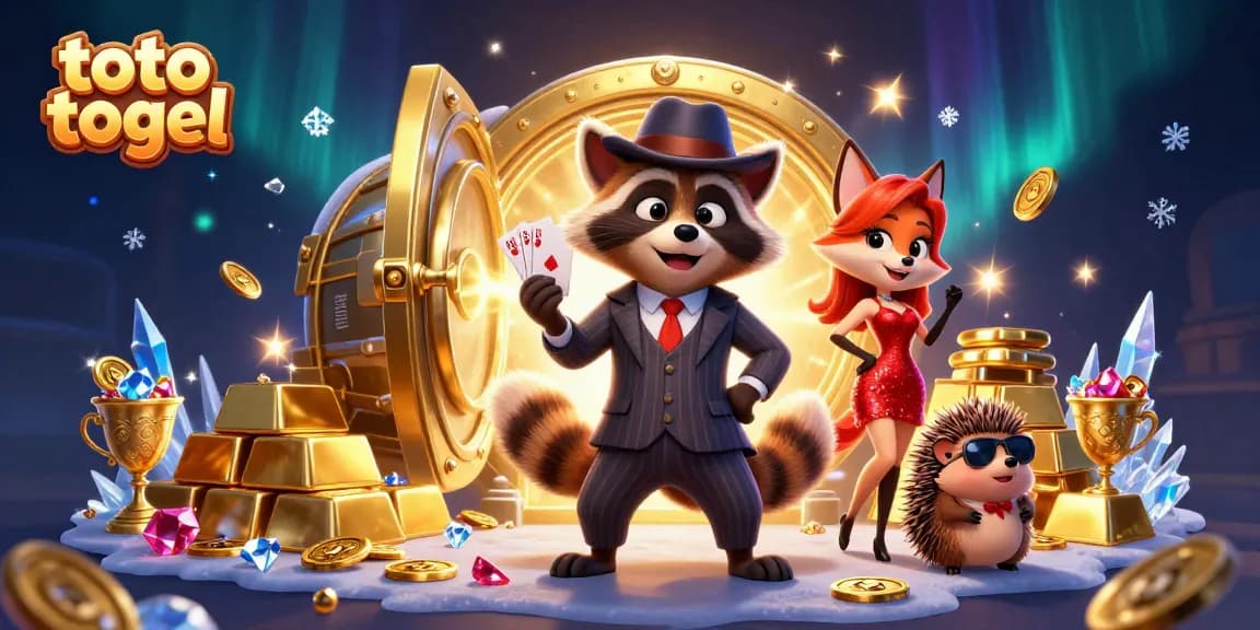 Experience the thrill of toto togel with this vibrant 3D illustration showcasing characters and treasures in a casino setting.