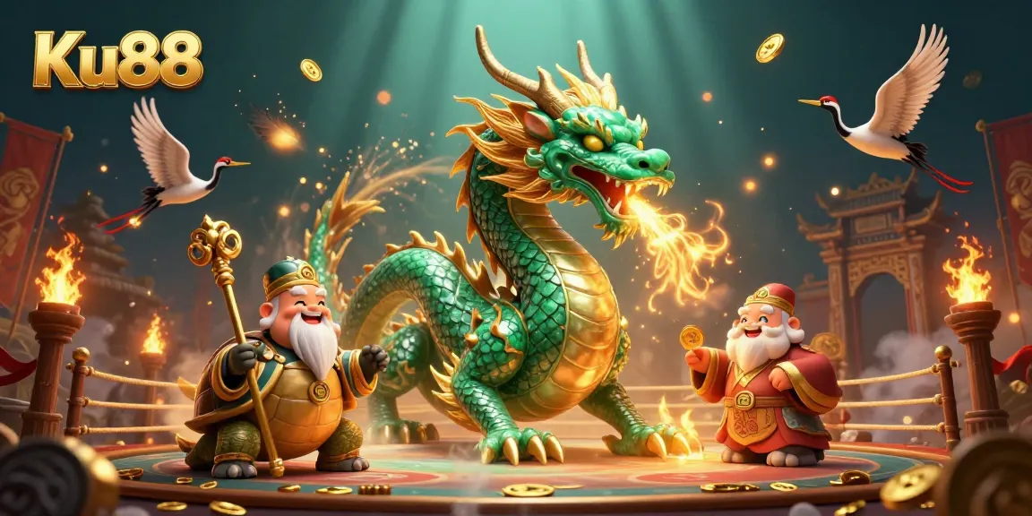 Experience thrilling action in Ku88 with a jade dragon and lucky cranes amidst shimmering casino elements.