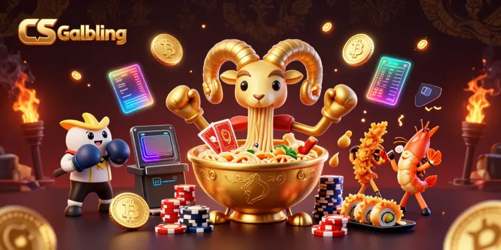 Dynamic CS Gambling scene featuring a giant golden ramen bowl dealing cards and stacking chips, with Bitcoin and Ethereum elements
