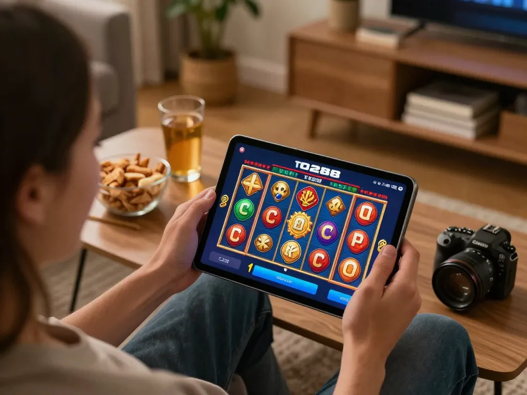 Engage with to288 as a person plays vibrant online slots on a cozy tablet setup.