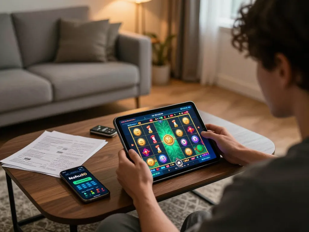 Nohu90 player enjoying an online slot game on tablet, demonstrating engaging entertainment.