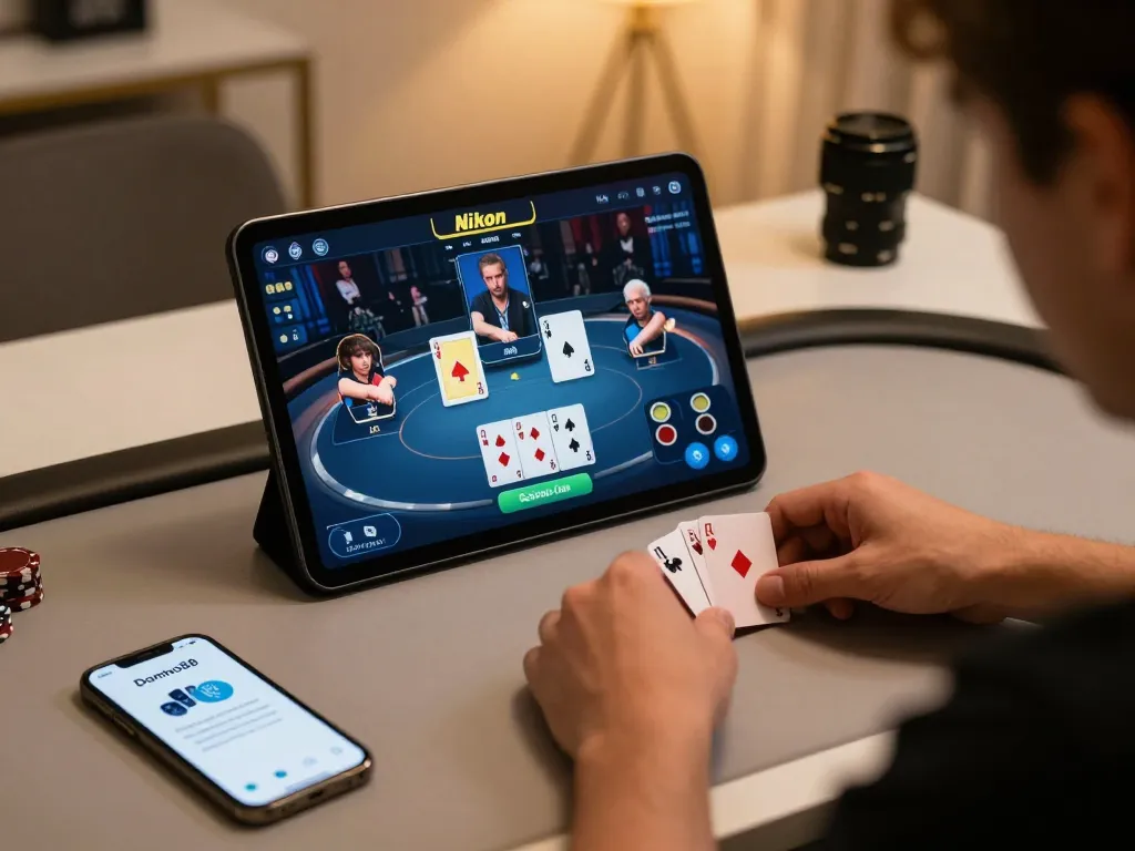 Engaging moment in online poker showing players' hands and link domino88 app for betting