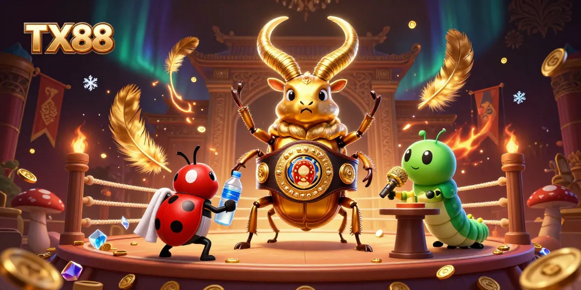 TX88 showcases a vibrant 3D cartoon scene of a beetle boxing champion, engaging in a casino arena.