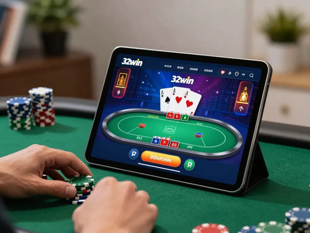 Engaging gameplay on the 32win platform with an enthusiastic player strategizing in a comfortable home setting.