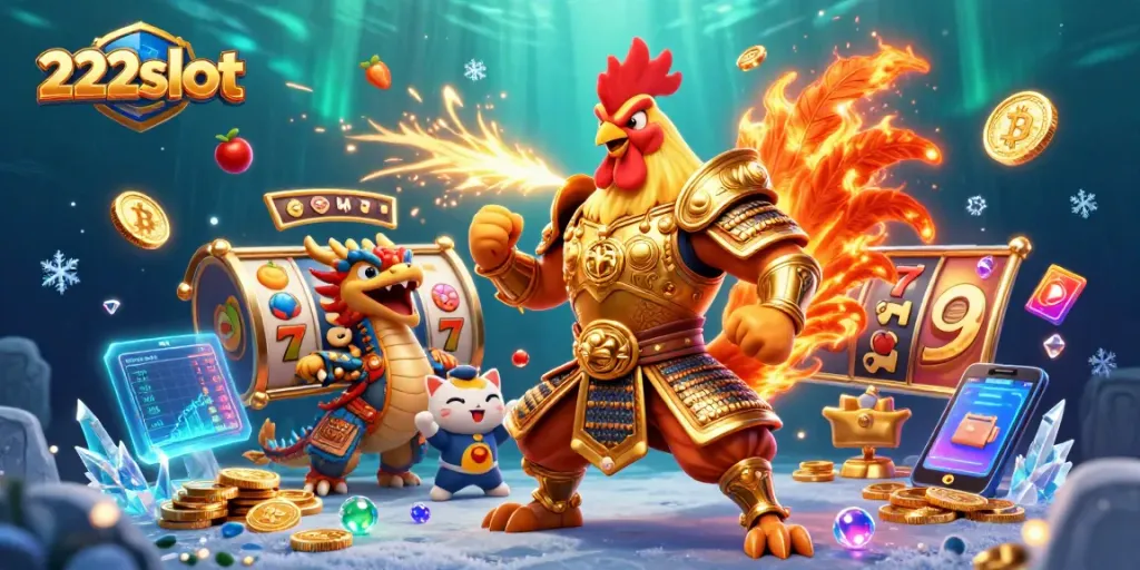 Menggali jackpot di 222slot dengan ilustrasi 3D karakter petarung dan simbol slot yang menarik.