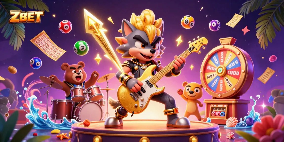 ZBET features a vibrant illustration of a cartoon rock star wolf playing guitar among colorful lottery elements in a dynamic casino setting.