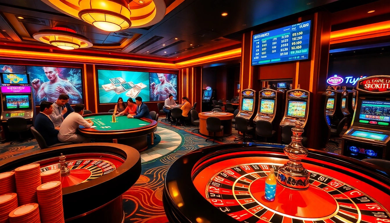 Players enjoying a thrilling gambling experience at Typhu88 casino, featuring poker, roulette, and slot machines.