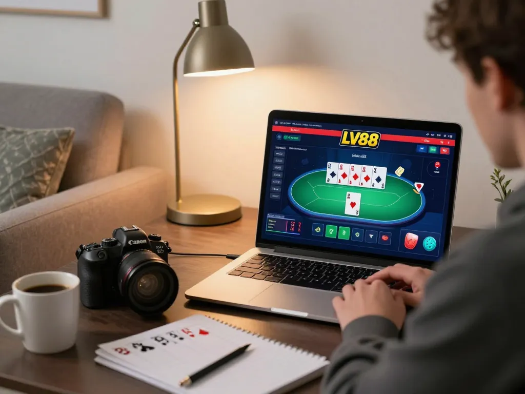 Engaging LV88 online poker setup showing strategic gameplay in a cozy home ambiance.