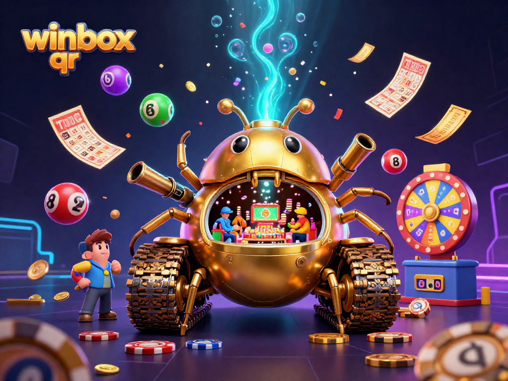 Winbox QR reveals a vibrant casino experience with lottery balls bouncing amidst a spectacular golden beetle tank.