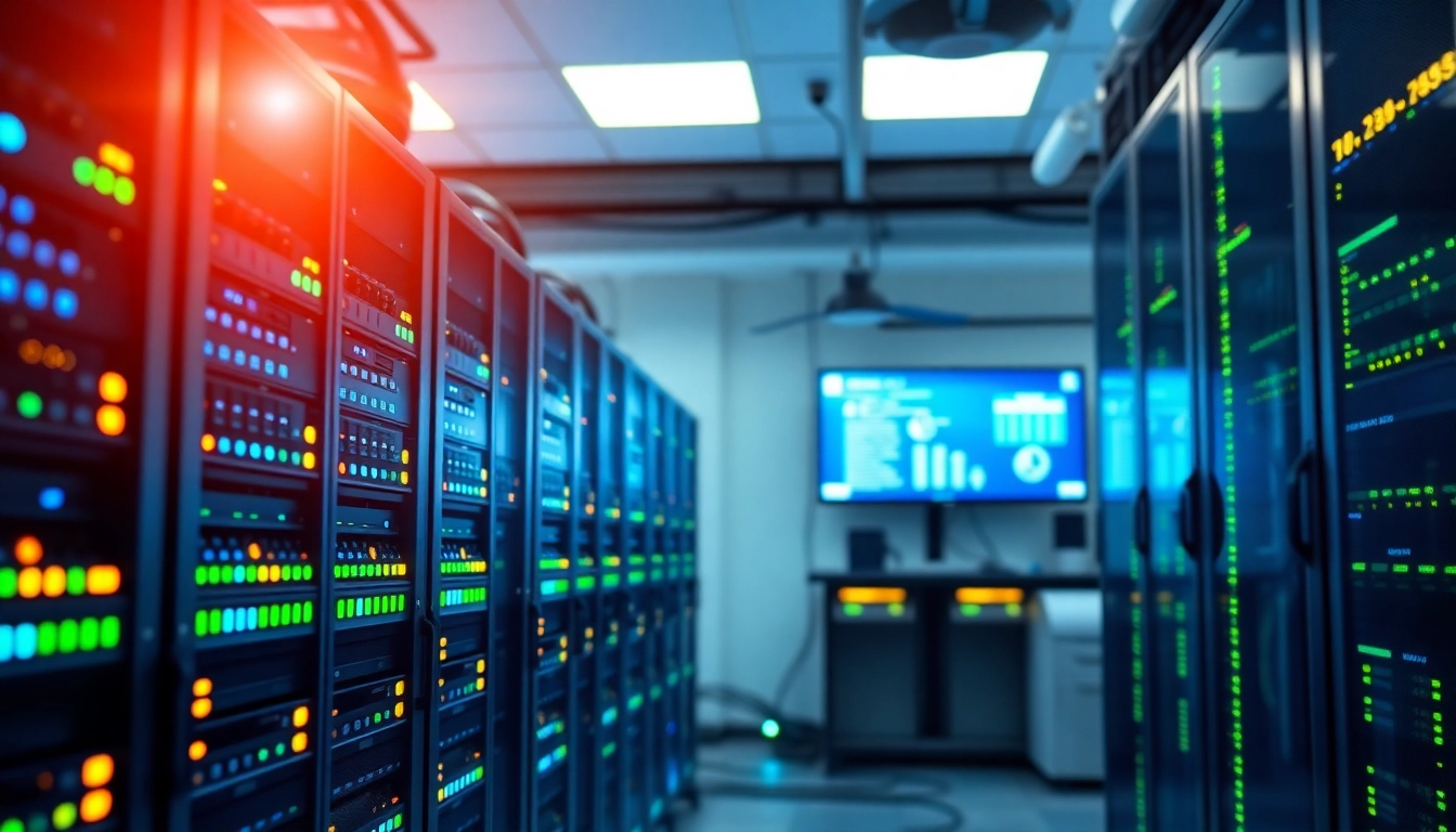 Visualize adult web hosting servers in a modern data center, showcasing vibrant connectivity.