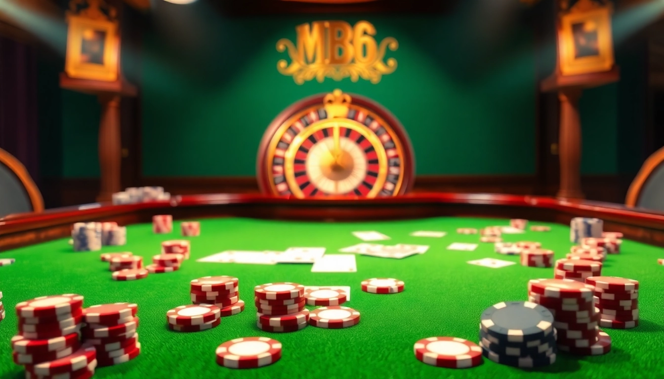Experience winning at MB66's luxurious casino tables adorned with poker chips and playing cards.