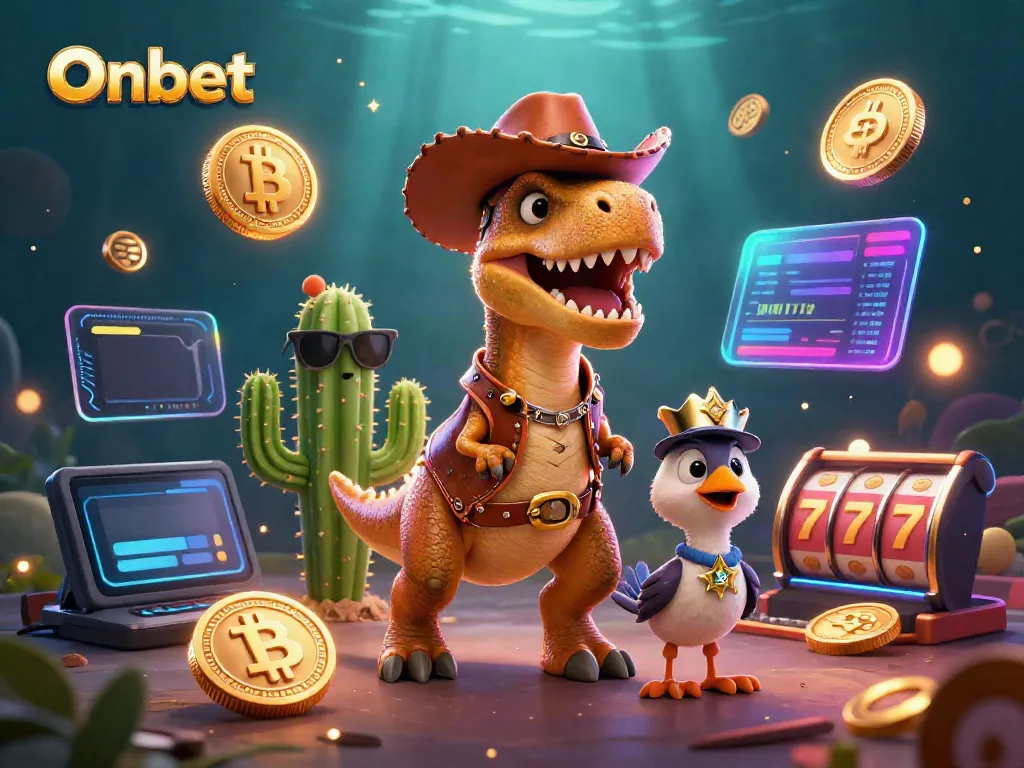 Join the excitement of Onbet with vibrant casino elements like slot reels and crypto coins!