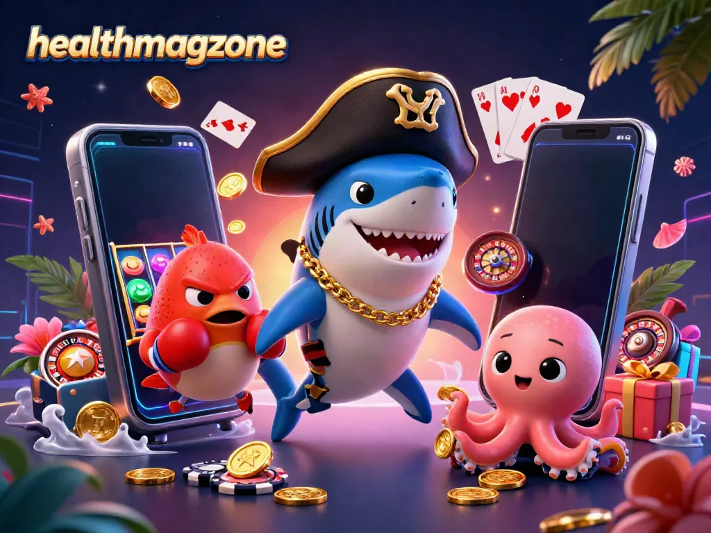 Permainan slot menarik di healthmagzone dengan hiu kartun, ikan puffers, dan bayi gurita yang membawa koin emas.