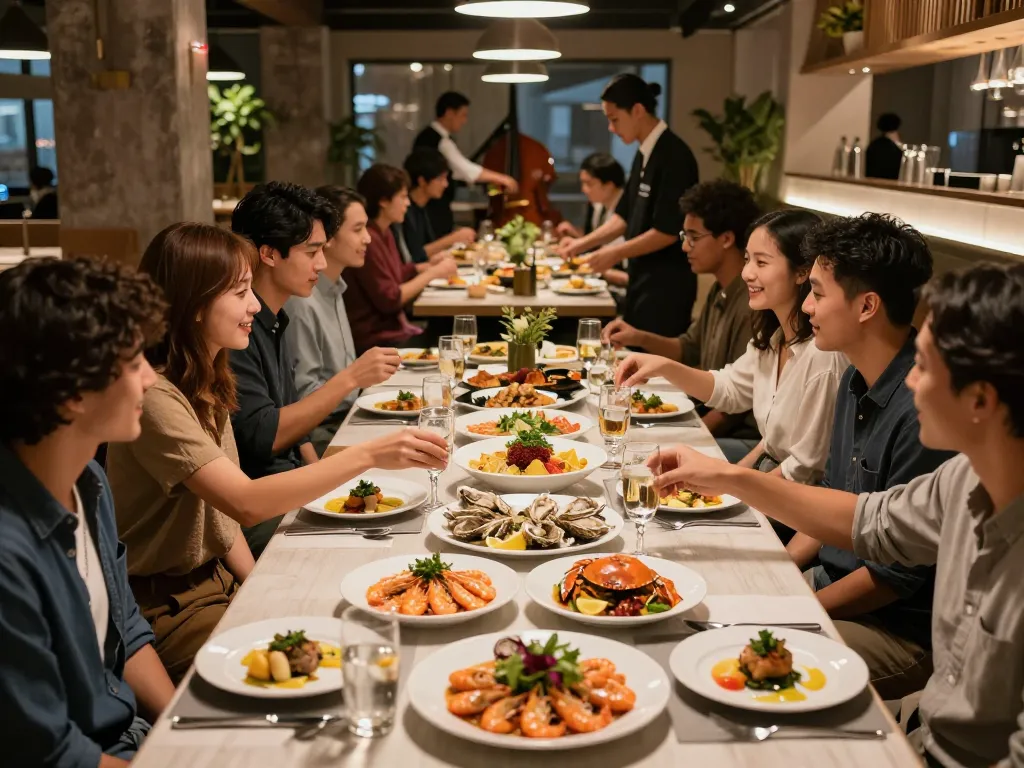 Enjoying seafood at The Shack restaurant, friends gathered around vibrant dishes.