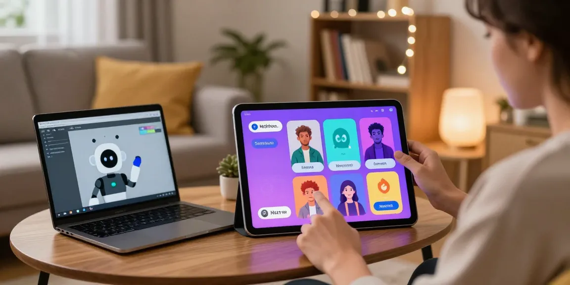 Engaging user interacting with an nsfw chat bot on a tablet in a cozy setting.