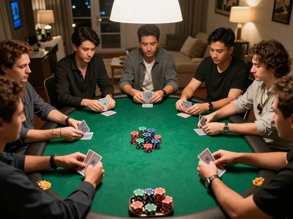 Players enjoying a strategic poker game night at home on tip88 with vibrant chips and cards.