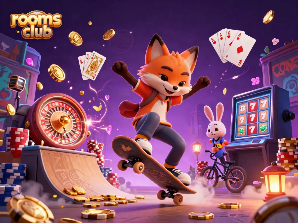 Gambar promosi slots digital JANDA4D di rooms-club dengan karakter kartun berinteraksi di lingkungan kasino.