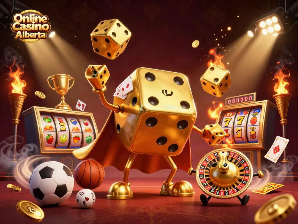 Engaging 3D illustration showcasing Online Casino Alberta with vibrant gaming elements, reflecting a lively casino atmosphere.