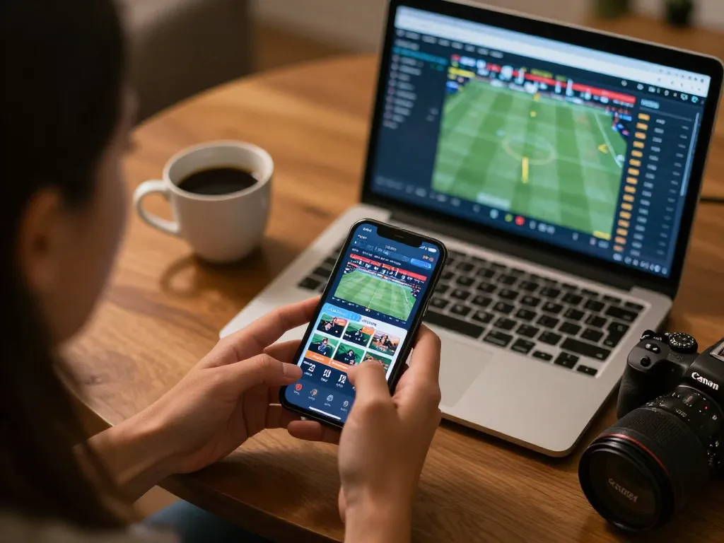 Engaged gambler analyzing ty le keo nha cai and placing smart bets on a smartphone in a cozy home environment.